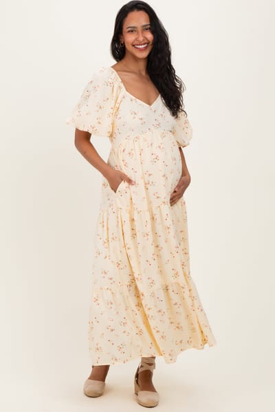 BaeVely Butter Yellow Floral Tiered Puff Sleeve Maternity Midi Dress