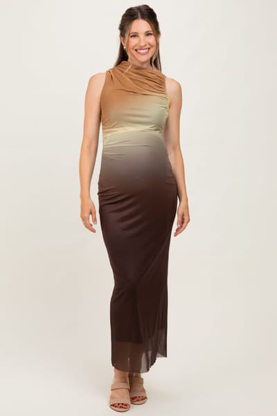 Fore Collection Brown Ombre Mesh Ruched Sleeveless Maternity Midi Dress