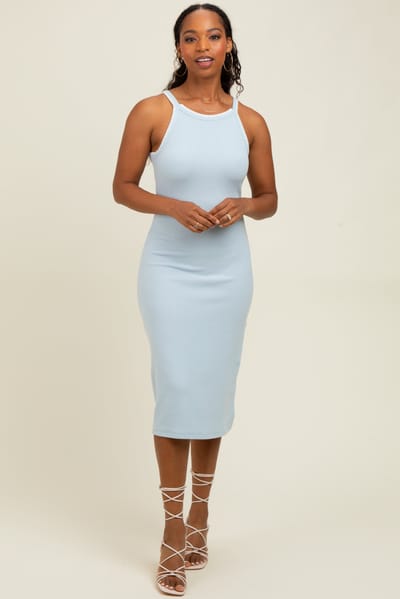 So Me Light Blue Ribbed Knit Embroidered Midi Dress