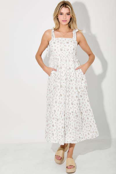 BaeVely Light Pink Floral Shoulder Tie Midi Dress