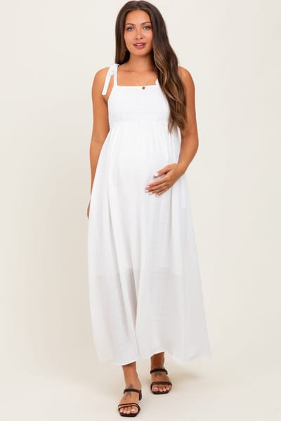 PinkBlush White Plaid Smocked Shoulder Tie Maternity Maxi Dress