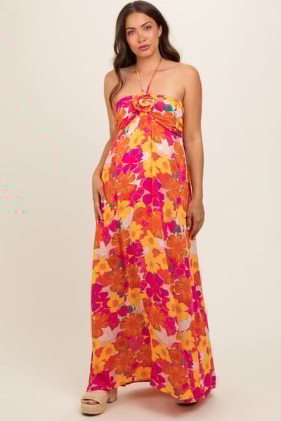 Timing Peach Floral Halter Maternity Maxi Dress