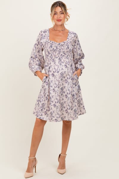 Polagram Cream Floral Sweetheart Neck Smocked Maternity Dress