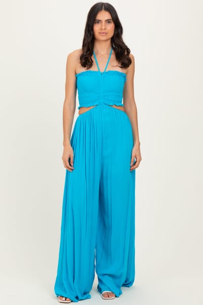 Cameo Aqua Blue Smocked Drawstring Halter Side Cutout Jumpsuit