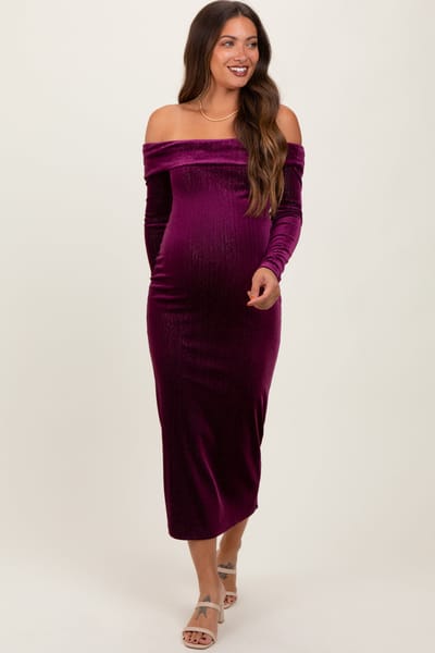 Hyfve Plum Shiny Velour Off Shoulder Maternity Midi Dress