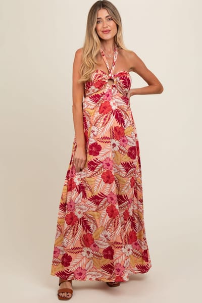 PinkBlush Peach Tropical Print Cutout Halter Neck Maternity Maxi Dress