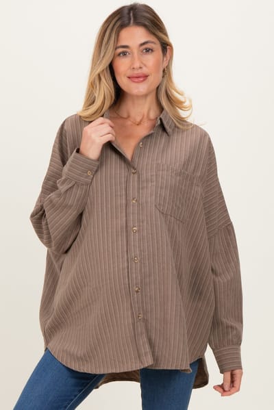 PinkBlush Brown Vertical Stripe Button-Down Oversized Maternity Shirt
