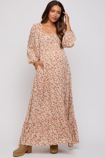 Elloh Cream Floral Square Neck Ruffle Maternity Maxi Dress