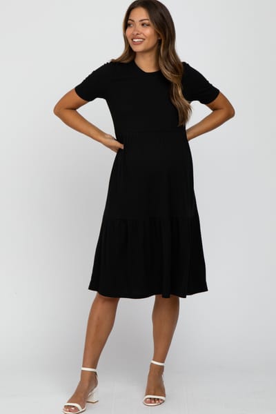 No Less Than Black Ribbed Tiered Maternity Dress