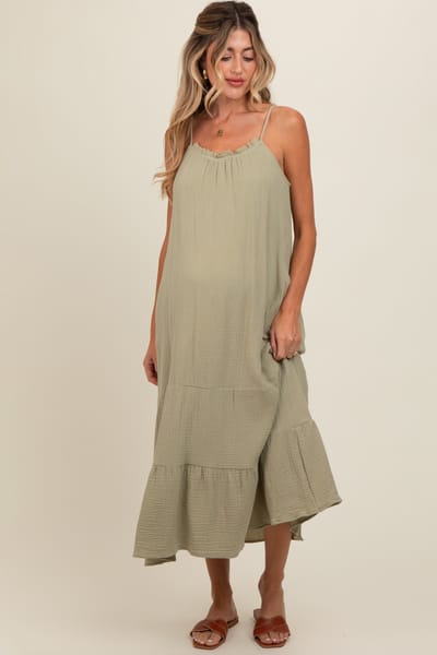 PinkBlush Olive Tiered Hem Maternity Midi Dress