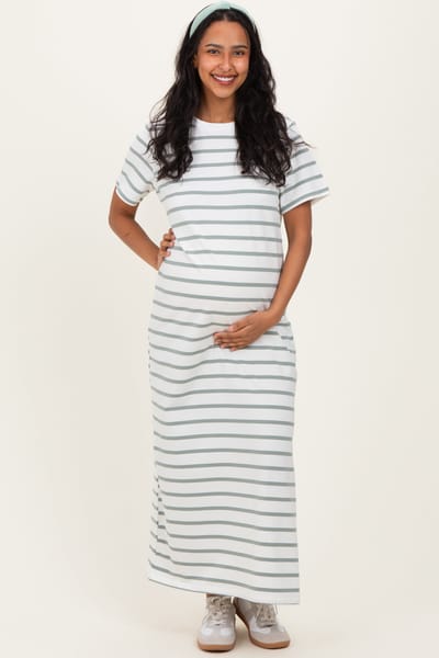 Vine & Love Sage Striped Side Slit Maternity Maxi Dress