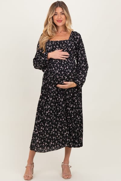 Polagram Black Floral Long Sleeve Maternity Midi Dress