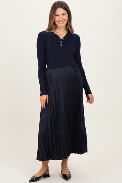 Polagram Navy Collared Knit Contrast Pleated Skirt Maternity Midi Dress