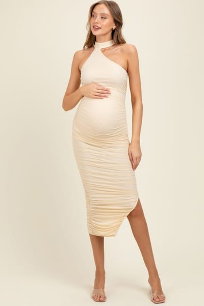 PinkBlush Ivory Mesh Draped Scarf Ruched Maternity Midi Dress