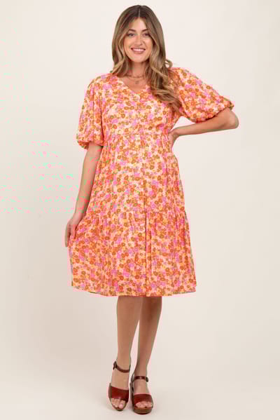 PinkBlush Pink Floral Button Down V-Neck Short Sleeve Maternity Dress