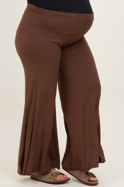Zenana Outfitters Brown Fold Over Waist Wide Leg Maternity Plus Lounge Pants