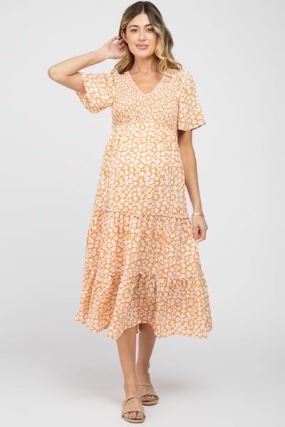 Hayden Peach Floral Tiered Maternity Midi Dress