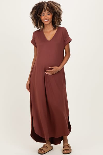 PinkBlush Chocolate Side Slit Maternity Maxi Dress