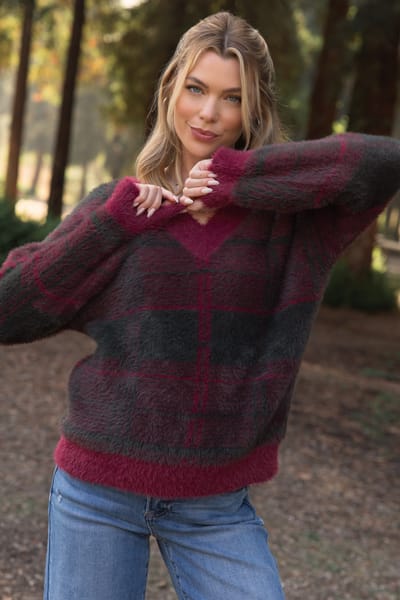 Le Lis Burgundy Plaid Fuzzy Knit V-Neck Maternity Sweater