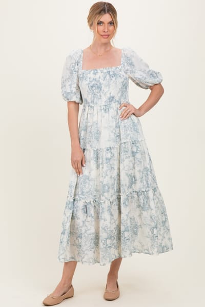 Million Colors Blue Vintage Floral Puff Sleeve Tiered Maxi Dress
