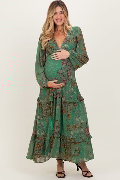 BaeVely Green Floral Chiffon V-Neck Long Sleeve Maternity Maxi Dress