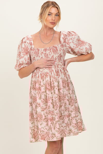 Elloh Rust Floral Smocked Puff Sleeve Maternity Dress
