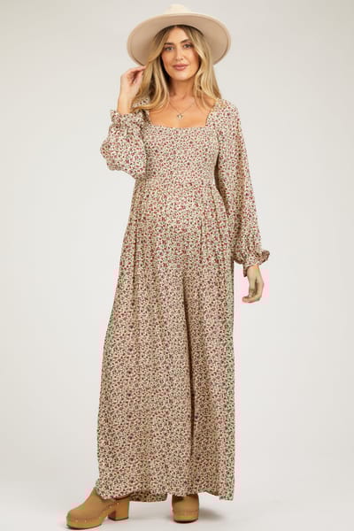 Elloh Beige Floral Smocked Wide Leg Maternity Jumpsuit