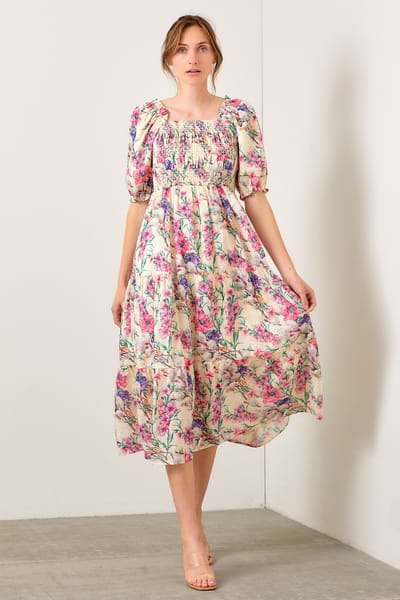 Polagram Cream Floral Puff Sleeve Smocked Midi Dress