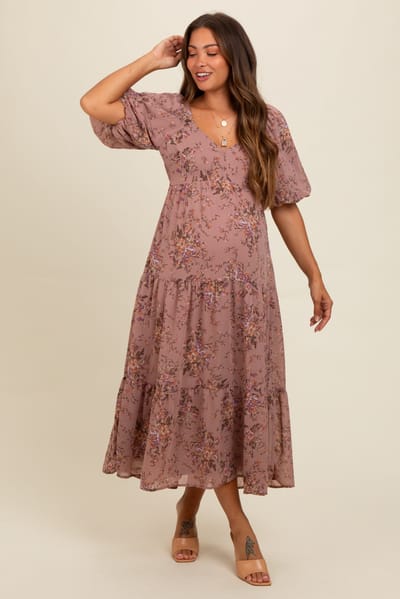 BaeVely Mauve Floral Tiered Puff Sleeve Maternity Maxi Dress