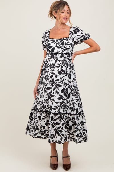Blu Pepper Black Floral Scallop Trim Puff Sleeve Maternity Midi Dress