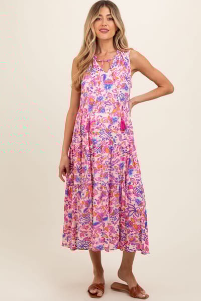PinkBlush Magenta Floral Ruffle Mock Neck Tiered Sleeveless Maternity Midi Dress
