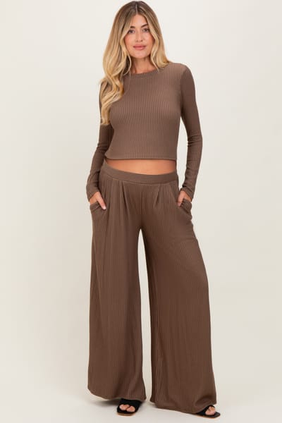 PinkBlush Coffee Long Sleeve Top Pleated Wide Leg Pants Texture Maternity Set