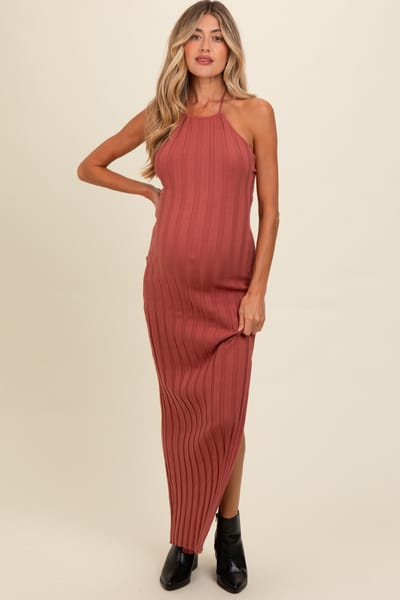 PinkBlush Rust Ribbed Knit Halter Neck Maternity Maxi Dress