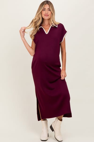 PinkBlush Burgundy Collared Stitch Detail Short Sleeve Maternity Midi Dress