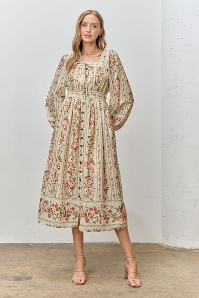 Polagram Cream Floral Stripe Button Down Long Sleeve Midi Dress