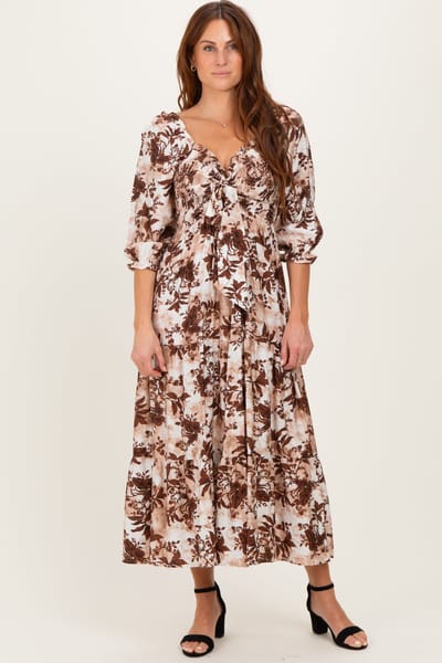 Dress Day Brown Floral Smocked Front Tie Maxi Dress