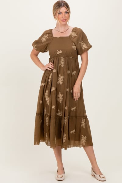 Polagram Mocha Floral Embroidered Puff Sleeve Midi Dress