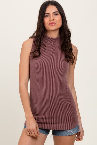 Hello Miz Brown Ribbed Mock Neck Sleeveless Top