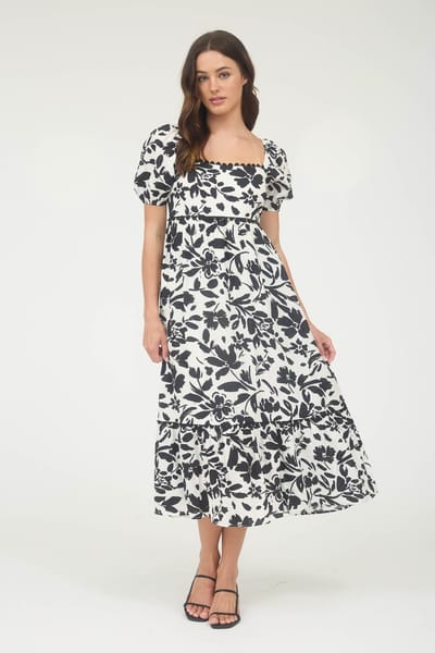Blu Pepper Black Floral Scallop Trim Puff Sleeve Midi Dress