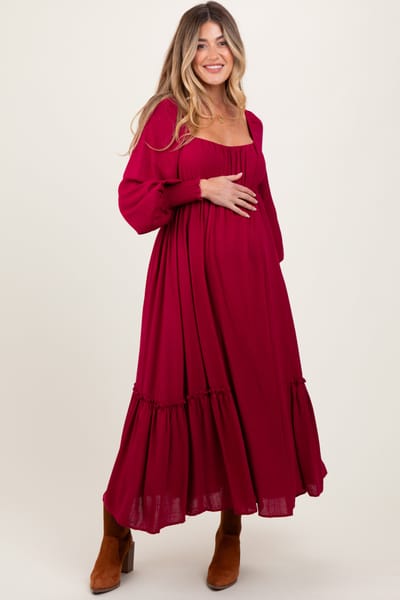 In Loom Burgundy Square Neckline Bubble Sleeve Maternity Maxi Dress