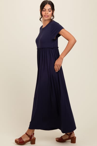 Rhea + Thea Navy Ruffle Trim Maxi Dress