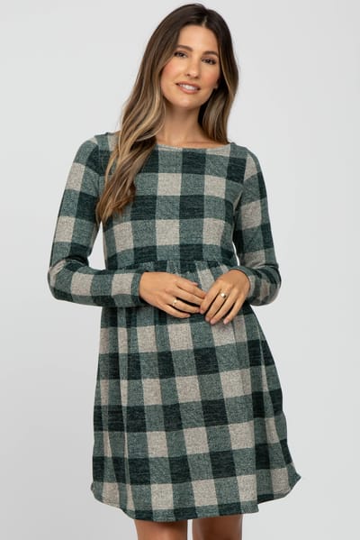 Hello Miz Forest Green Plaid Knit Maternity Dress