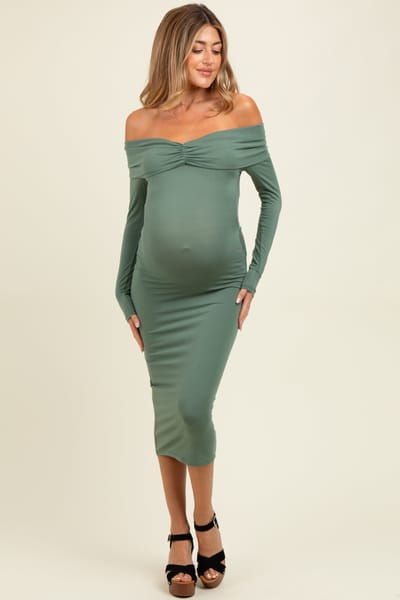 PinkBlush Sage Ruched Off Shoulder Maternity Dress