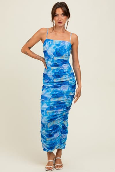 Privy Blue Rose Floral Mesh Sleeveless Ruched Dress