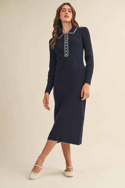 &merci Navy Contrast Stitch Midi Sweater Dress