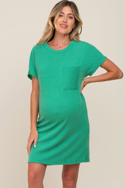 Rhea + Thea Green Ribbed Front Pocket Dolman Short Sleeve Maternity Dress
