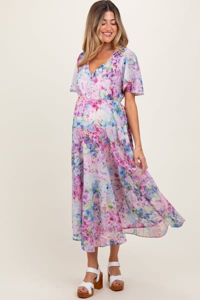 Love Stitch Light Pink Watercolor Floral Flutter Sleeve Maternity Midi Dress