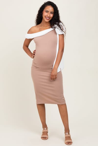 PinkBlush Beige Colorblock One Shoulder Draped Maternity Midi Dress