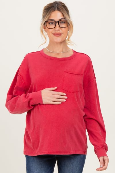 PinkBlush Red Oversized Washed Long Sleeve Pocket Maternity Top