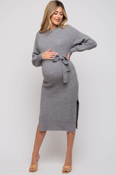 AnnieWear Heather Grey Side Slit Maternity Sweater Midi Dress